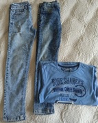 Zestaw 2 x spodnie dżinsowe jeansy 134 z dziurami + t-shirt koszulka 140