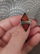 Srebrny pierścionek z bursztynami PRL, vintage 