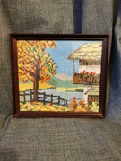 Stary haft w ramce lata 50 / obrazek haftowany / kilim / gobelin