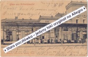 PIŁA SCHNEIDEMUHL Dworzec kolejowy od peronów, święto stoły pracownicy 1902
