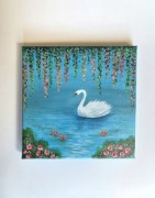 Ręcznie malowany obraz 20x20 cm  łabędź romantyczny