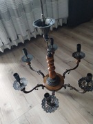 Żyrandol mosiądz-drewno vintage