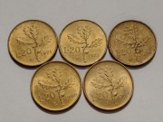 [moneta] 20 Lirów Włochy 1971-1982 Dąb Zestaw 5 monet