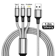 Kabel Przewód USB 3w1 Micro USB Lightning USB-C Nylonowy Srebrny 1,2m *Hit*