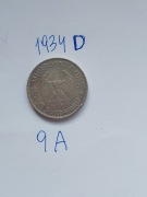 Nr.9A Moneta srebrna 5 Marek - III Rzesza Wieza z napisem 1934 D