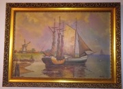 Piękny obraz holenderski, "Statki/okręty", 87x63 cm