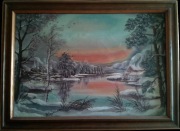 Duży obraz J. Rogielskiej „Zachód słońca zimową porą”