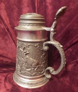 Piękny DUŻY cynowy kufel myśliwski XXw.