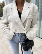 Marynarka Chicaca Edan kremowa krótka żakardowa pudełkowa dwurzędowa