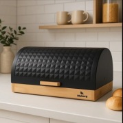Nowoczesny Chlebak Drewniany Bluberg z Metalową Pokrywą 39cm