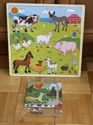 Drewniane puzzle układanka dla dziecka zestaw dinozaur farma wieś
