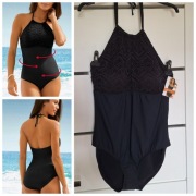 Czarny strój kostium kąpielowy jednoczęściowy 44 xxl 46 3xl haft wiązany