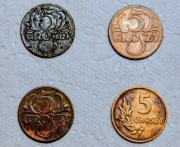 Monety 5 groszowe II RP: 1925, 1928, 1939 i 1949 
