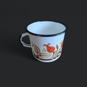 Duży, emaliowany garnuszek/kubek PRL w barwny wzór kwiatów/tulipanów, 0.7L.