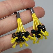 Kolczyki Miotełki czarne żółte, bawełna, paski Chwosty boho Handmade
