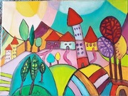 A. Maj. OBRAZ OLEJNY Kolorowa wieś 40x30cm