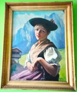OBRAZ OLEJNY, PORTRET GÓRALKI ALPY, W ZŁOTEJ RAMIE, SYGN. SAILER 71x57