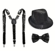 Kapelusz szelki cekiny 3w1 męski zestaw na karnawał czarny nowy