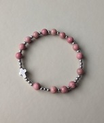 Różowa bransoletka różaniec kamienie prezent róż hematyt rodonit krzyżyk