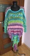 Duże kolorowe ponczo z frędzlami boho hippie handm