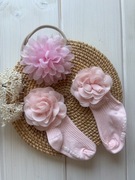 Skarpetki z opaską dla niemowlaka różyczki na sesję chrzest roczek 0-6 6-12