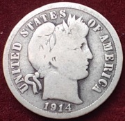 1914 D Barber 10 cen One Dime Srebro Ag900