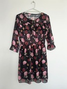 sukienka szyfonowa czarna w kwiaty podszewka rękaw 3/4 * 38 M