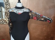 Bluzka body czarne koronkowe kwiatowe tiul rozm 42-44 (M-L)