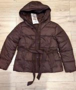Nowa damska kurtka zimowa z metką S (36) | Brązowa, pikowana, z paskiem