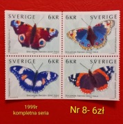 Znaczki fauna:8: motyle, owady- Szwecja 1999r **