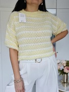 Masełkowy sweterek w paski na krótki rękaw dziergany rozmiar uniwersalny 