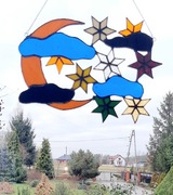 Witraż szklany, księżyc,  chmury i gwiazdy