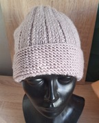 Czapka z wełny lilowa dwu stronna. Hand Made.