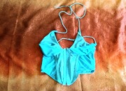 błękitny gorset wiązany na szyi haftki coquette xs