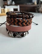 Komplet bransolet skórzano - tkanych brunatno - czarne regulowane