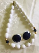 Naszyjnik Choker MONET USA Vintage bialy, granatowy, zloty i klipsy