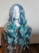 Peruka Damska Długa Fale Syrena Niebieska Ombre Srebrna 70cm NOWA