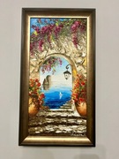 Kwitnące kwiaty i żaglówka – obraz akrylowy pełen ekspresji