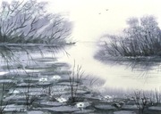 Jezioro we mgle Original Akwarela A4