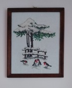 Obrazek zimowy ręcznie haftowany HANDMADE rękodzieło zima ptak drzewo śnieg