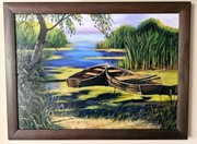 Obraz olejny Zatoczka z łodziami  w ramie