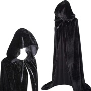 Czarna peleryna na Halloween z kapturem, aksamitna, 190 cm