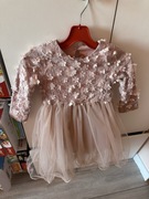 Sukienka rozkloszowana 110/116 kwiaty pudrowy róż wesele komunia tiul