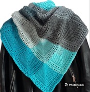 duża ciepła Chusta otulacz, szarości i turkusy, wełna+akryl, rękodzieło