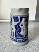 Stary kobaltowy niemiecki kufel do piwa ceramika szkliwony vintage