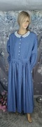 Sukienka długa retro vintage niebieska – guziki, krata, rozmiar L–XL