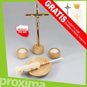 DREWNIANY JASNY KOMPLET KOLĘDOWY Krzyż Świeczniki Kropidło Miska na KOLĘDĘ