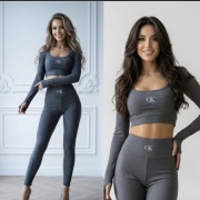 Komplet prążkowany CK | Leginsy + Longsleeve | Szary Melanż | S-L