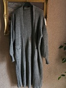 Kardigan damski długi  sweter szary/grafitowy kieszenie