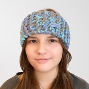 Opaska na głowę błękitno-lawendowa, gruba dzianina, rękodzieło, ob.50–60 cm